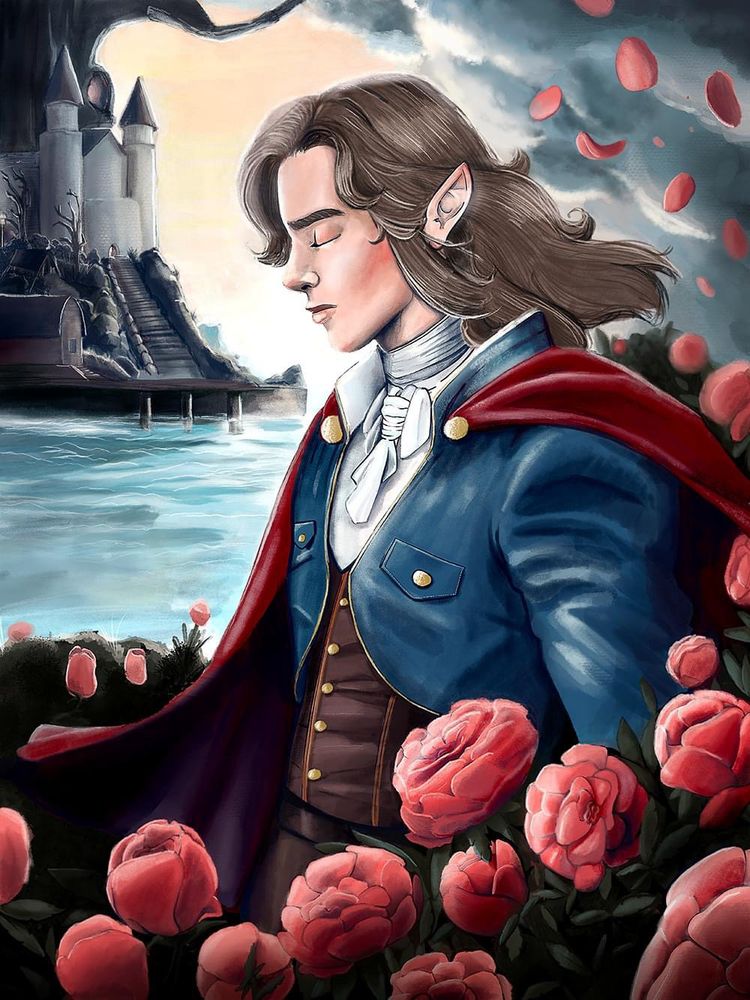 Digital painting of an elf guy standing amid flowers