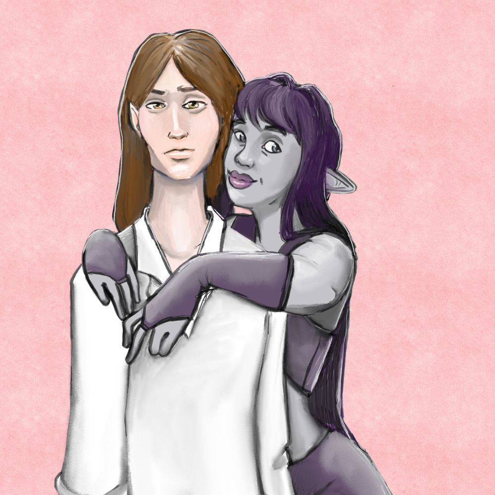 Drawing of a stoic, androgynous elf with brown hair and a stiff back. A smiling elf wearing purple with purple hair is draped over her shoulder, looking smug. 