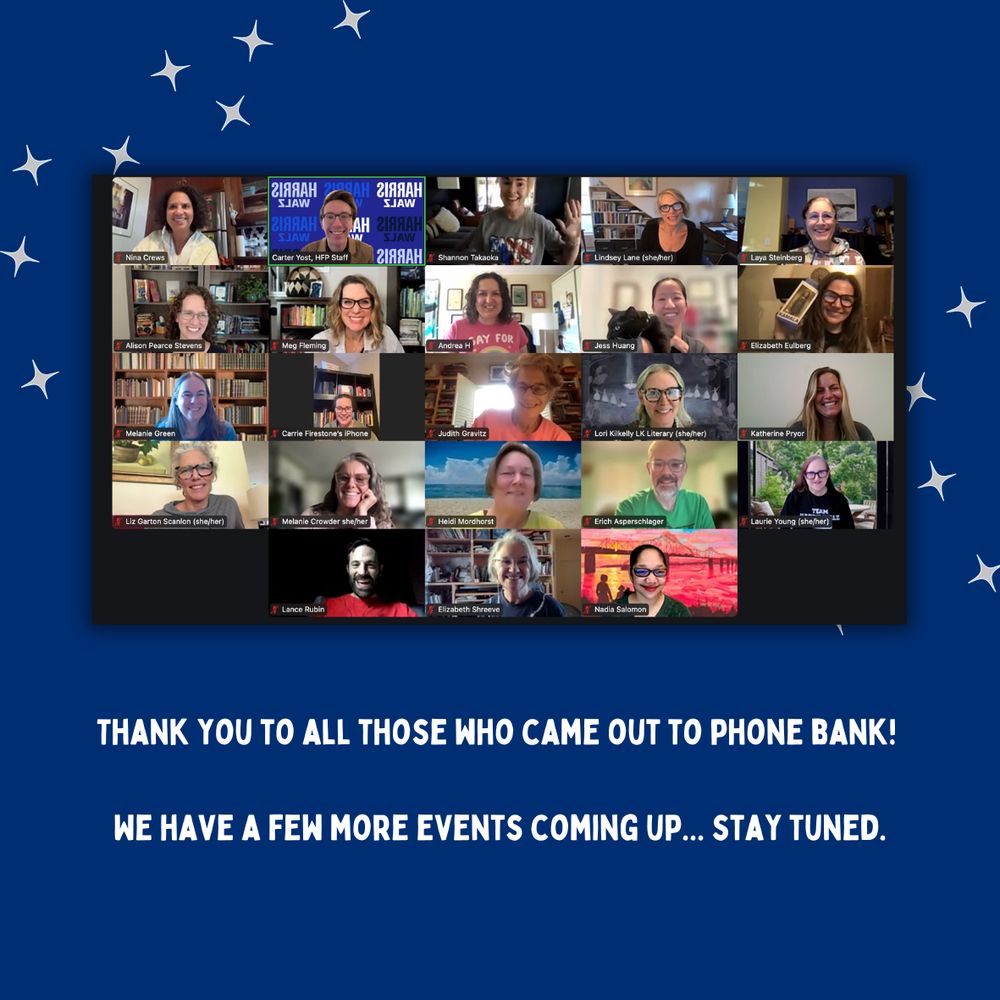 A Canva image spotlighting a Zoom screenshot. There are 23 people on the picture (not everyone was on-camera!) of people smiling at the camera, after calling 3 battleground states. 