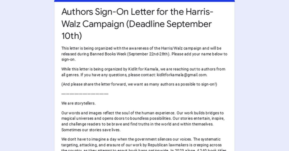 Authors Sign-On Letter for the Harris-Walz Campaign (Deadline September 10th)