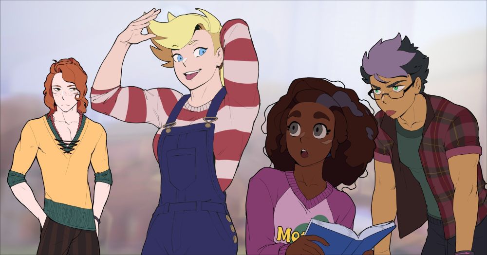 Artwork from the game Unbreakable showing four main characters standing together. From left to right: Frey, a tall young man with pale skin, wavy red hair, and a serious expression, wearing a loose yellow shirt with green trim and laced front. Next is Amy, a muscular blonde woman with bright blue eyes, smiling confidently with her tongue out, wearing blue overalls over a red-and-white striped shirt. Beside her is Sara, a girl with dark skin and voluminous curly hair, looking surprised while holding an open book; she wears a pink sweater with the word ‘Mo…’ partially visible. On the far right is Laran, a lean young man with tan skin, short black hair with purple highlights, glasses, and a plaid shirt, leaning forward with a determined expression. The characters are drawn in a colorful, anime-inspired style with a blurred school-like background.