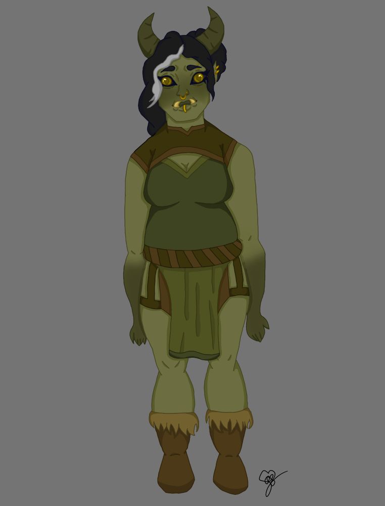 Digital drawing of a female tiefling-orc that's my D&D character 