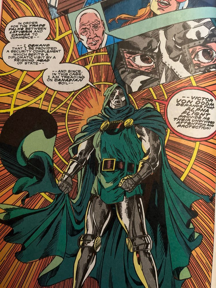 Dr. Doom, with a swirling cape, demands that Alpha Flight be his bodyguards. 