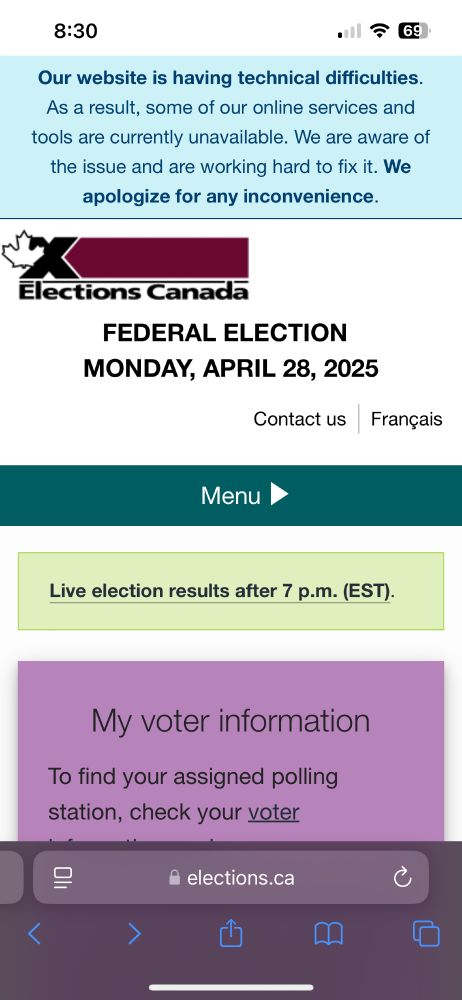 The Elections Canada website displays a banner at the top which reads “our website is having technical difficulties”