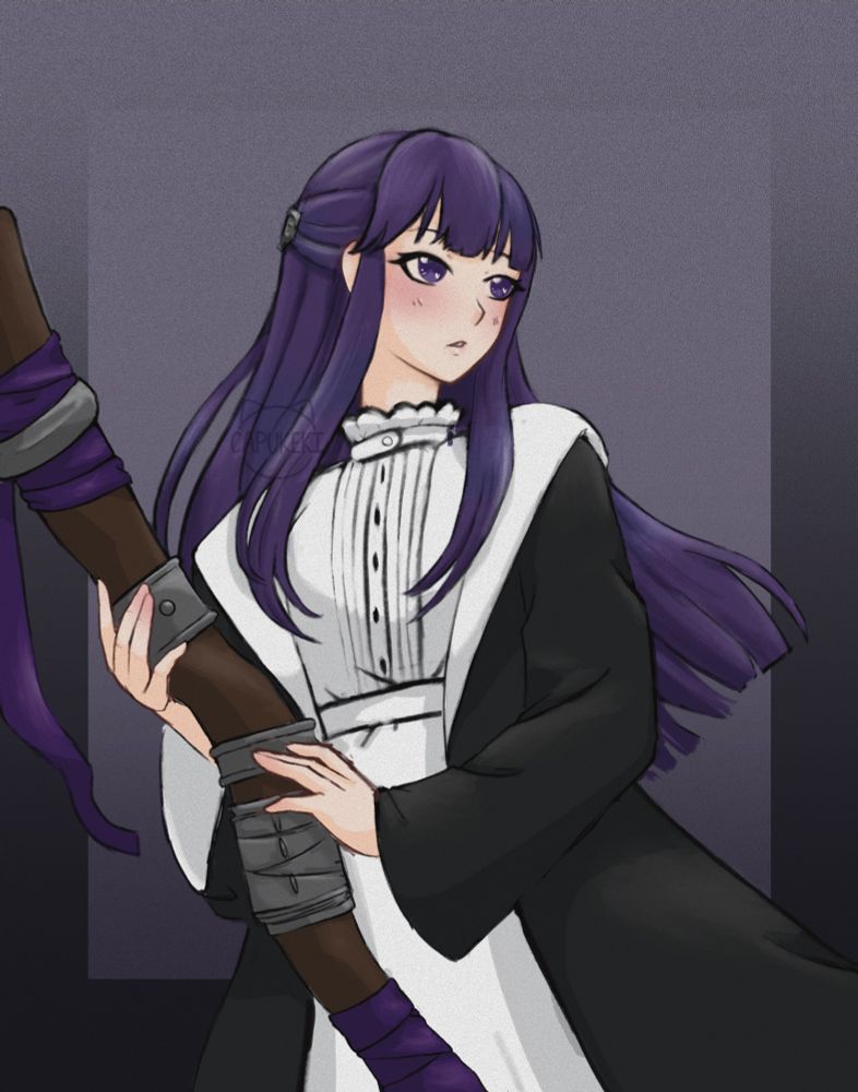 A character from “Frieren” named Fern. Purple hair with a white dress and dark cloak holding a staff as she looks off into the distance.