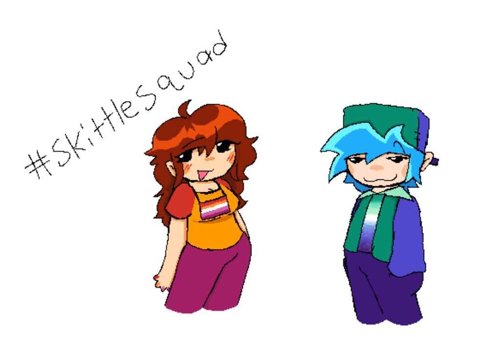 lesbian gf and gay bf from Phobic Funkin with text above them that says #skittlesquad