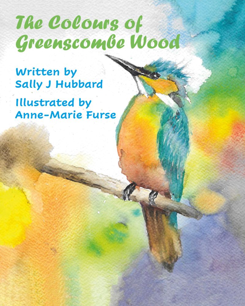 WIP cover for "The Colours of Greenscombe Wood" by Sally J Hubbard, illustrated by Anne-Marie Furze.
It features a painting of a kingfisher perched on a branch against a backdrop of vivid rainbow colours blending into each other.