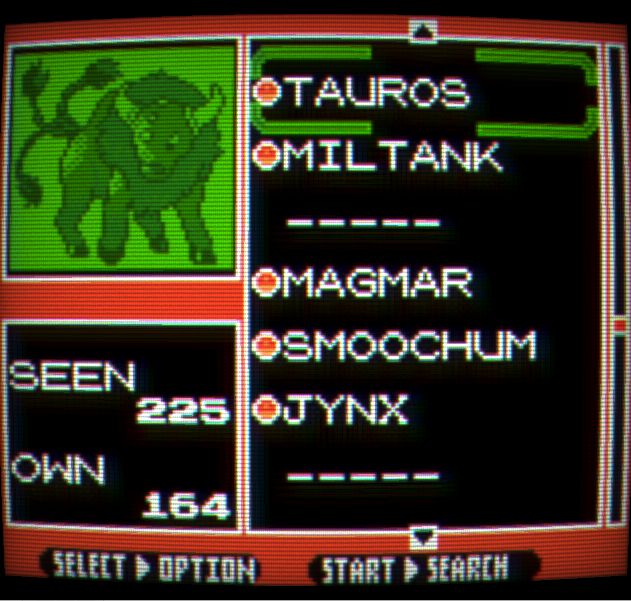 A pokedex screenshot from Pokemon Crystal. It shows Tauros, as well as 225 pokemon seen, 164 owned