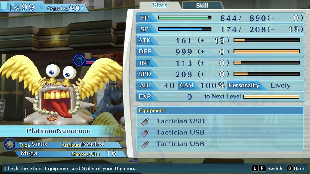 A Screenshot from Digimon Cyber Sleuth: Hacker's Memory. A PlatinumNumemon has 3 Tactician USBs which boosts its EXP gain for the team exponentially. Look at him. Fucked up goop thing. Hate is the only thing I feel, yet I am happy I have them.