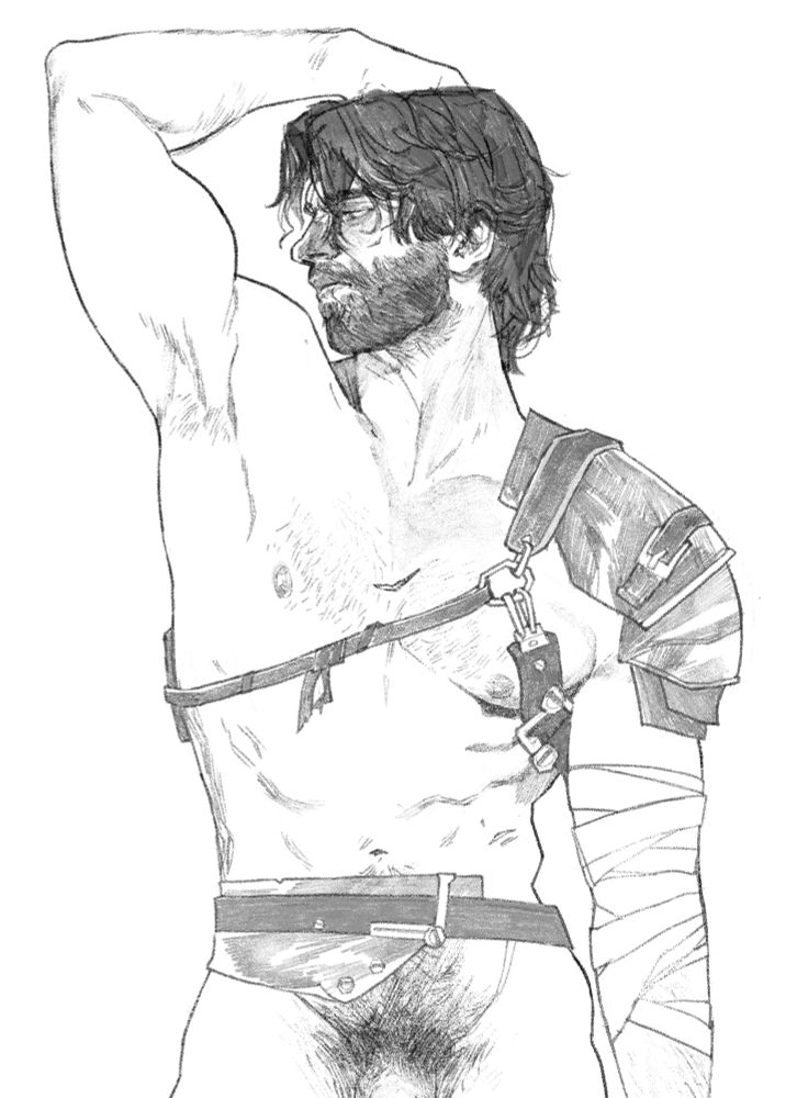 a drawing of Jayce as pictured in Arcane season 2.

He's rugged, and beat-up. He lacks clothing, save for his harness and belt, and looks off to his side. His right hand is resting above his head, giving us a glimpse of his pits. The picture is cropped right beneath his hairy pubes.
