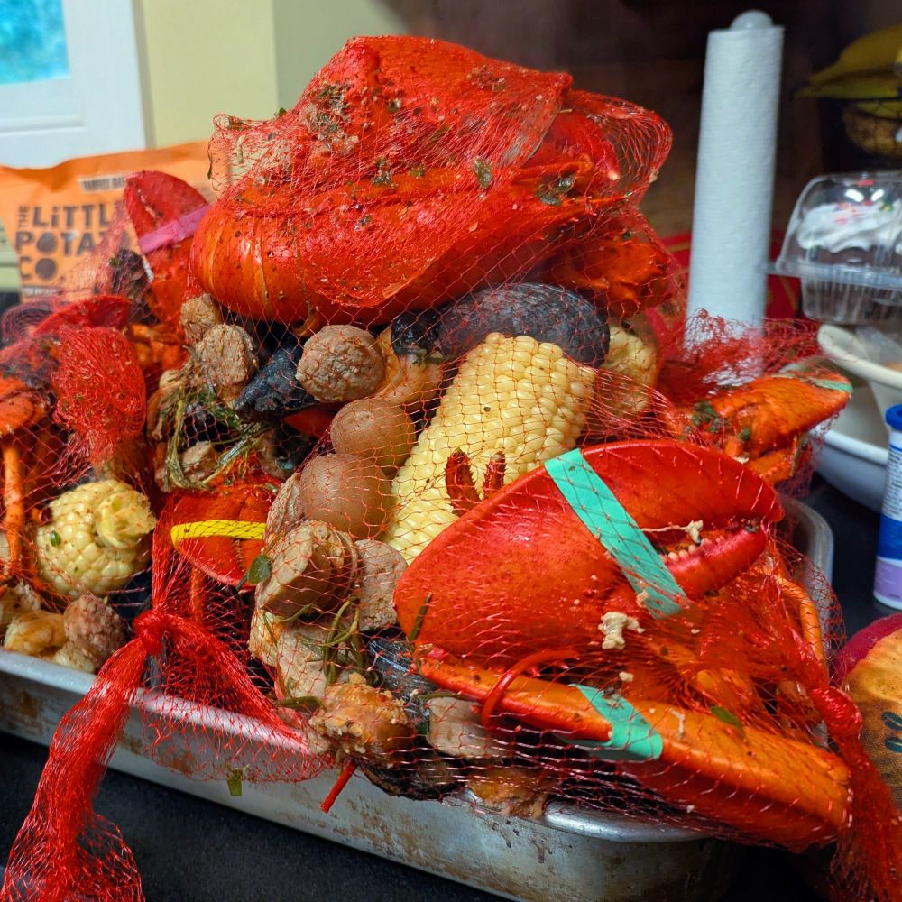 Lobster Boil in mesh bags, fully cooked, waiting to be eaten! 