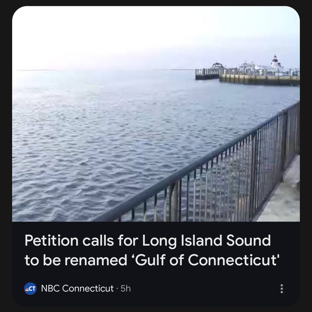 A photo of the Long Island Sound with the news headlines "Petition calls for Long Island Sound to be renamed 'Gulf of Connecticut'." 