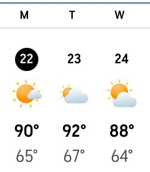 Three-day forecast in September showing high temperatures in the 90s and 80s