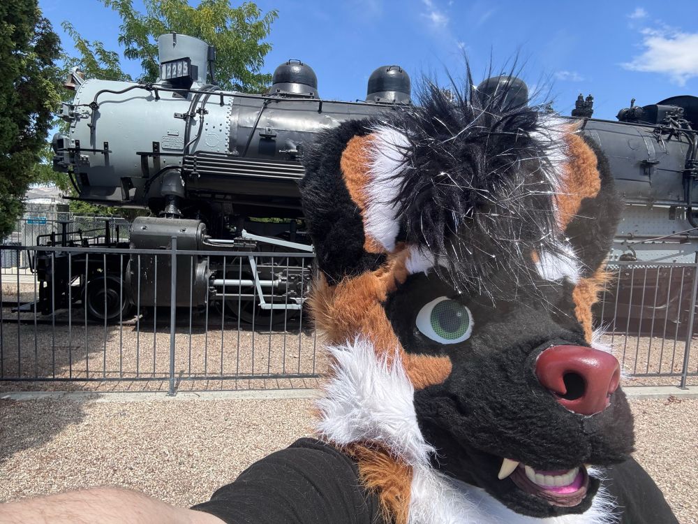 A gnoll in front of a train