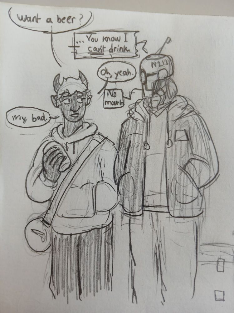 Deux personnages,  un robot et une femme avec des cornes discutent. La femme avec des cornes propose une bière au robot, qu'il refuse car il n'est pas capable de la boire. La femme s'excuse.