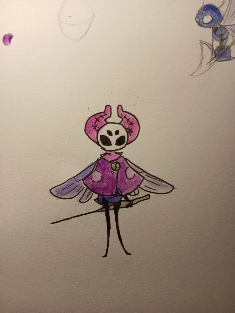 Vrillit - a bug wearing a horns-like hood and a four-eyed mask on her head, and dressed in a magenta-purple cloak covering her torso. She has two sets of wings on her back, and a needle-like nail.