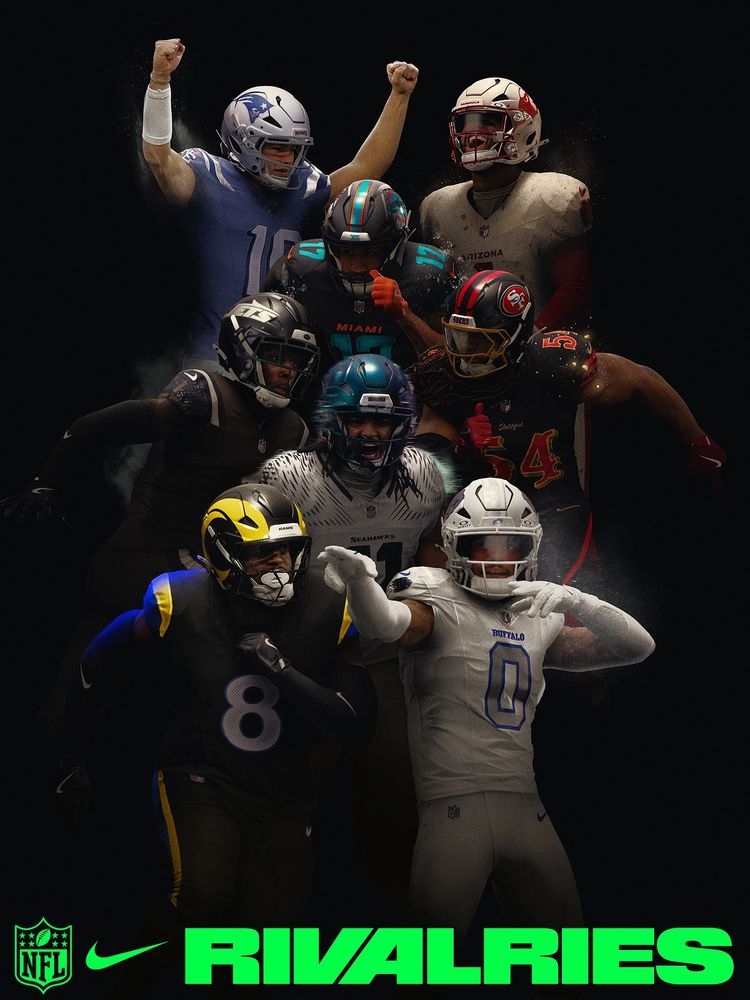 New Nike Rivalries uniforms. Left-to-right, top-to-bottom: Patriots, Cardinals Dolphins Jets, 49ers Seahawks Rams, Bills