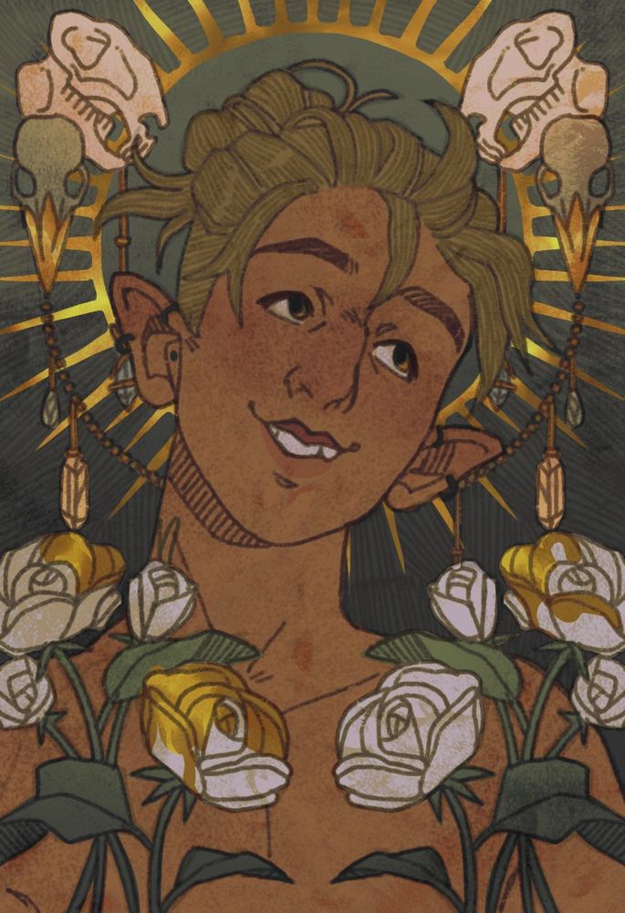 An illustration of a smiling man with pointy ears, green eyes, blond hair and a snaggle tooth. In front of him are roses covered in gold liquid. Behind him, rabbit and crow skulls hold a string bearing crystals.
