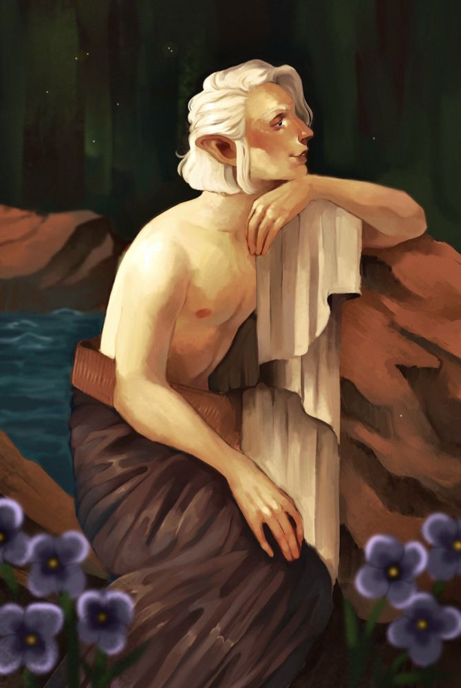 A pale trans woman draped in fabric leans on a rock.