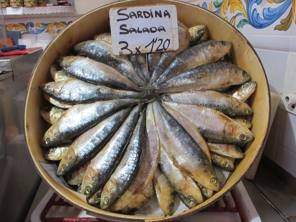 A dish of salted cured sardines on sale in Valencia market