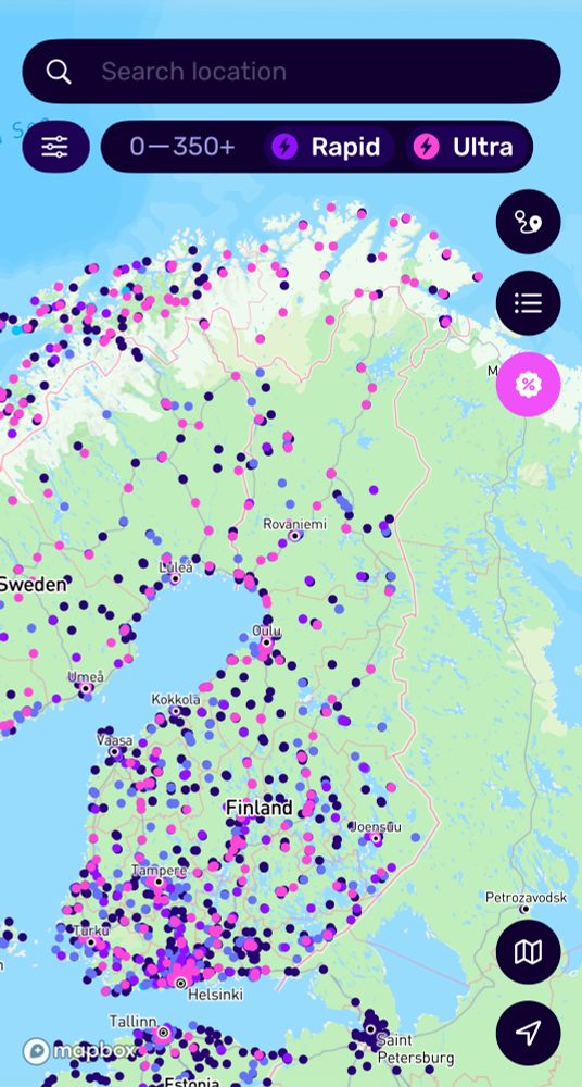 Screenshot from Electroverse app showing EV chargers across Finland 