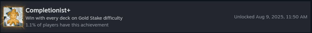The "Completionist+" achievement acquired at 11:50 AM on August 9, 2025