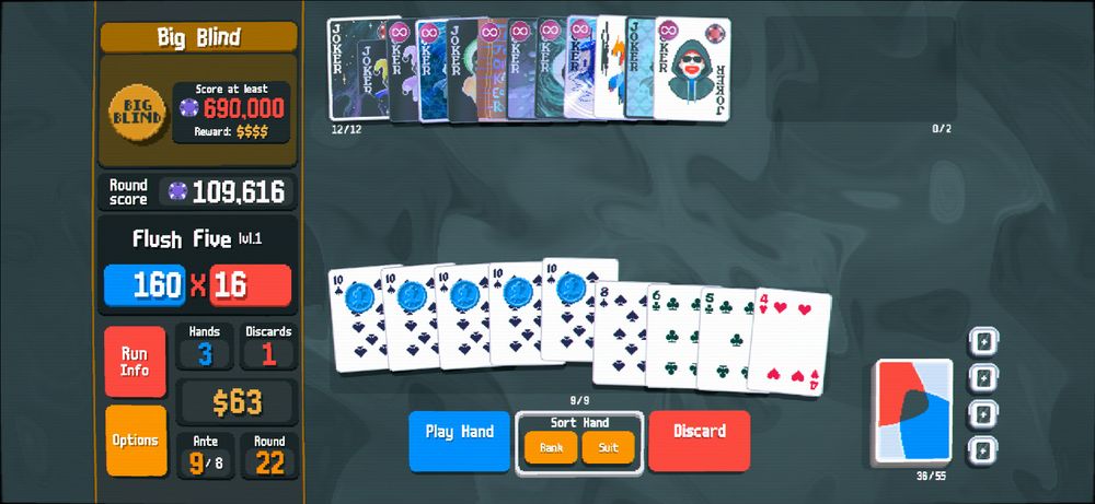 Balatro card-game screenshot with a flush-five 10-of-spades hand selected, all with a blue seal. There are 12 Jokers applied and 4 “Negative tags” that will give 4 more negative Jokers at the end of the round. 