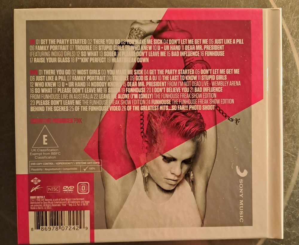 Get The Party Started	3:12
There You Go	3:29
Don't Let Me Get Me (LP Version/Radio Edit)	3:31
Just Like A Pill	3:57
Family Portrait	4:55
Trouble	3:13
Stupid Girls	3:15
Who Knew	3:29
U + Ur Hand	3:34
Dear Mr. President	4:33
So What	3:35
Sober	4:11
Please Don't Leave Me	3:52
Funhouse	3:25
I Don't Believe You	4:37
Glitter In The Air	3:47
Raise Your Glass (Explicit Version)	3:24
F**ckin' Perfect (Explicit Version)	3:33
There You Go	3:52
Most Girls	4:37
Just Like A Pill	4:05
Get The Party Started	3:27
Don't Let Me Get Me	3:35
Family Portrait	3:54
Stupid Girls	3:38
Who Knew	3:38
U + Ur Hand	3:40
Dear Mr. President (From I'm Not Dead - Live Wembley Arena)	5:10
So What	3:38
Sober	4:30
Please Don't Leave Me	3:58
Funhouse	3:11
I Don't Believe You	4:42
Glitter In The Air (From Funhouse - Live In Australia)	5:08
Leave Me Alone (I'm Lonely) (The Funhouse Freakshow Edition)	3:37
Please Don't Leave Me (The Funhouse Freakshow Edition)	3:53
Funhouse (The Funhouse Freakshow Edition)	3:34
Behind The Scenes Of The Funhouse Video	4:51
Behind The Scenes Of The Greatest Hits...So Far!!! Photo Shoot	4:19
