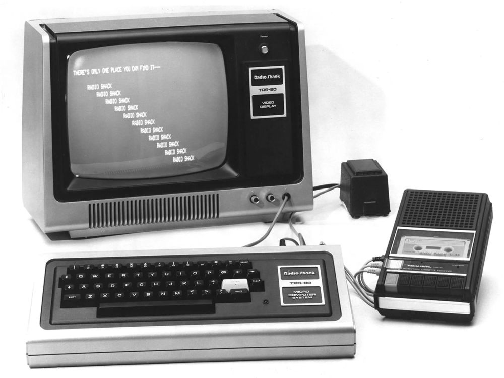 Original TRS-80, 4K RAM, storage system a RadioShack cassette player, monitor a black-and-white TV set