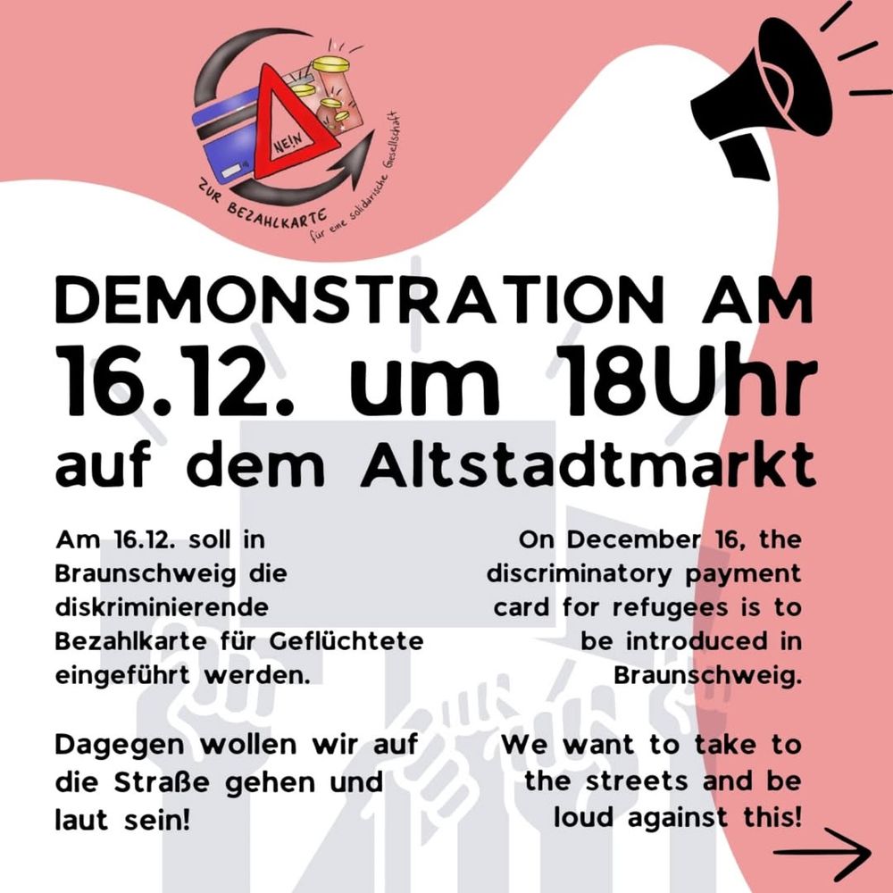 Passend zum Thema sind protestierende Menschen angedeutet, die entschlossen Fäuste erheben und Schilder halten. Daneben ist ein Megafon.
Das Logo des Bündnis Nein zur Bezahlkarte zeigt, wie aus einer Karte Bargeld wird.