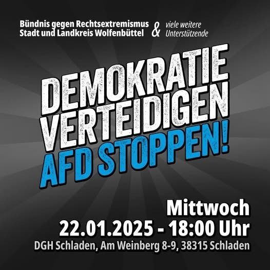 Auf grauem Hintergrund steht in schräger Schrift in weiß: Demokratie verteidigen 
und darunter in blau: AfD stoppen!

Oben links steht:
Bündnis gegen Rechtsextremismus Stadt und Landkreis Wolfenbüttel. Daneben steht: und viele weitere Unterstützende.

Unten stehen Datum, Zeit und Ort.