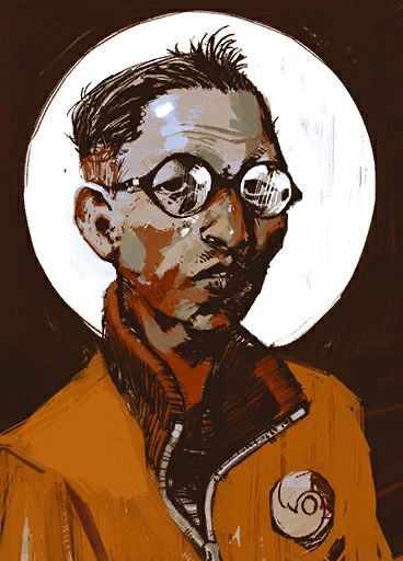 An image of Kim Kitsuragi from Disco Elysium (Asian man with black hair and glasses wearing a cool orange jacket).