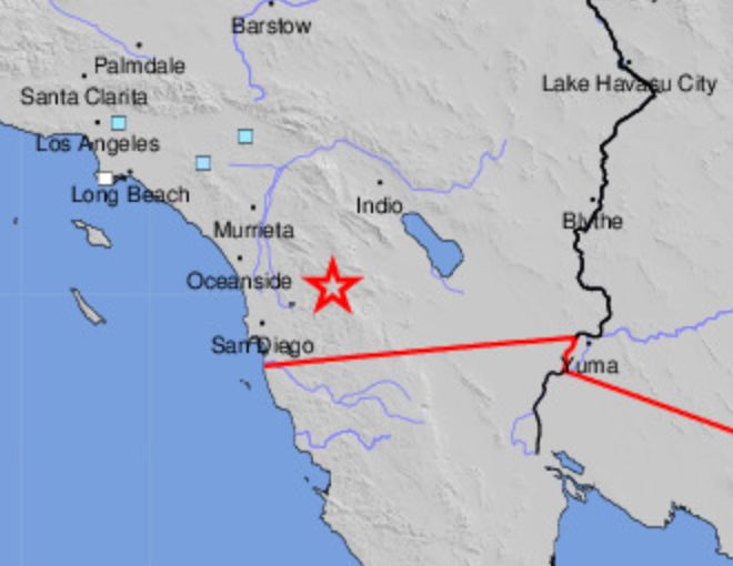 Map of southern California and a bit of Baja with a red star indicating an earthquake centered east and a bit north of San Diego