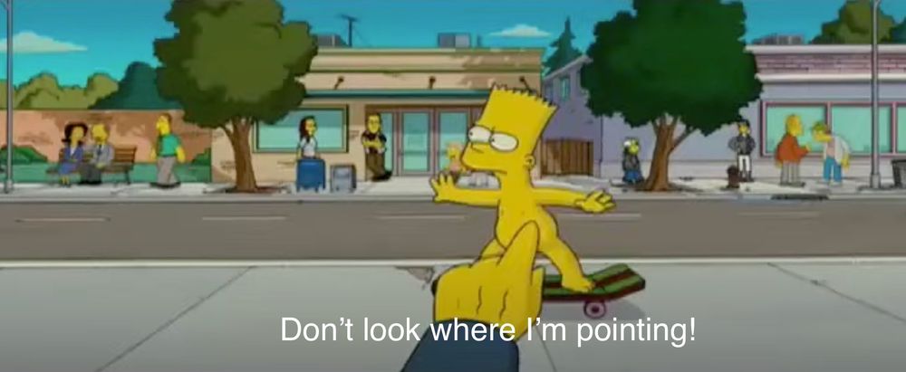 Still from the Simpsons Movie where Agnes Skinner is pointing at Bard skateboarding nude and yelling 