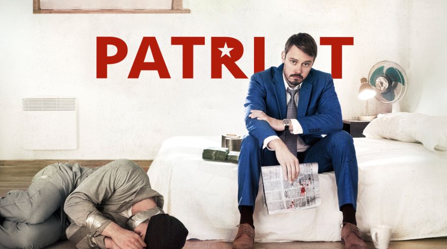 the poster for the short-lived but awesome show Patriot, with a guy sitting on a bed while another guy is duct taped on the floor next to him