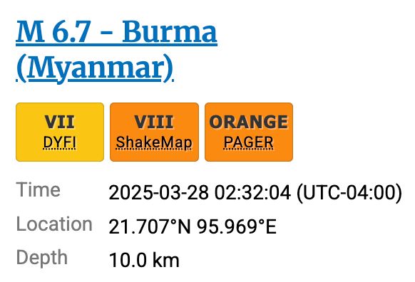 USGS data on an aftershock in Myanmar with a strength of 6.7