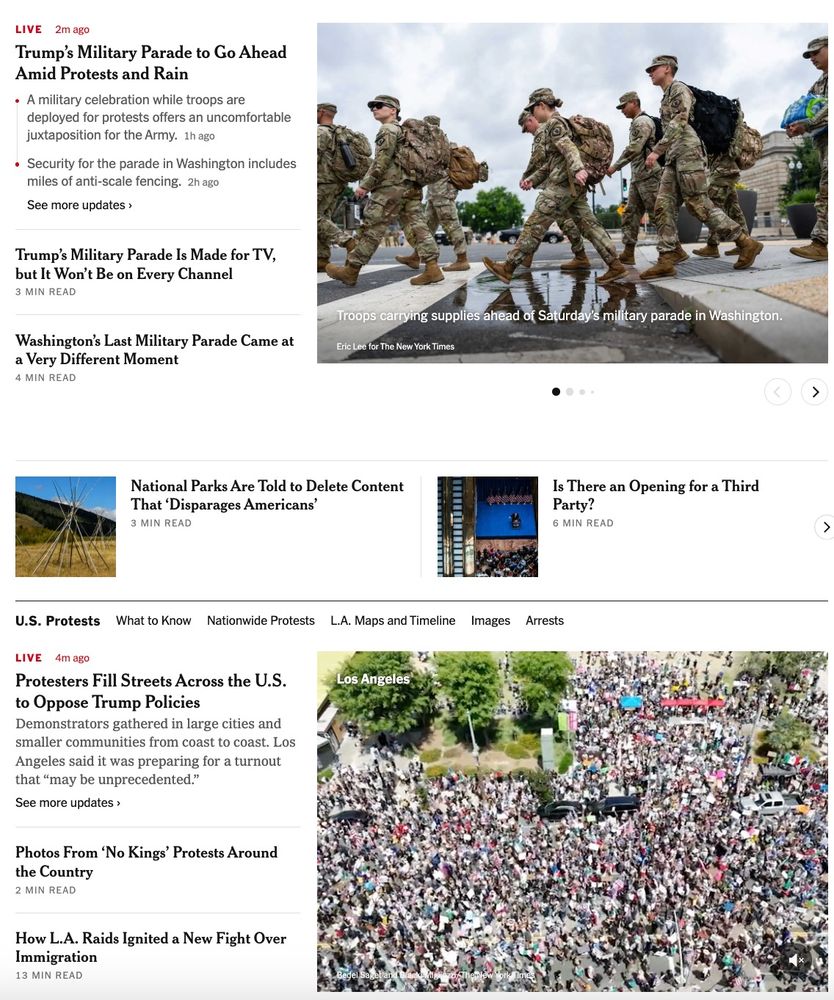 NYT homepage showing trump military parade stuff above and massive protest stuff below