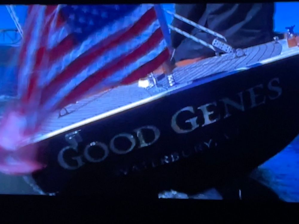 The back of a small sailboat with the name Good Genes and an American flag flying, a still from What Lies Beneath 