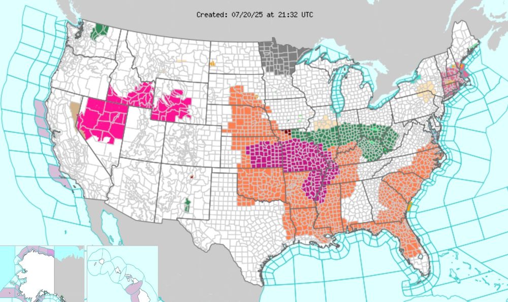 National Weather Service map of the US showing a variety of colored warnings, including heat advisories across the southeast and the south into the plains, as well as flood warnings in Illinois, Indiana, Ohio, West Virginia, and Kentucky, and red flag warnings (fire weather) in Nevada, Idaho, and Wyoming, and air quality alerts in northern Minnesota