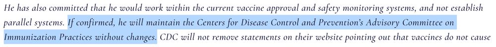 If confirmed, he will maintain the Centers for Disease Control and Prevention’s Advisory Committee on Immunization Practices without changes.