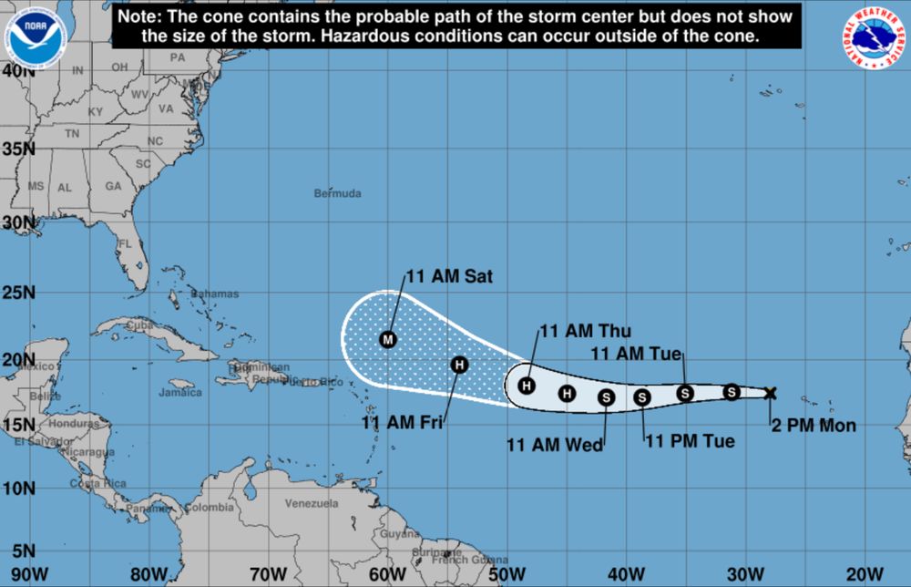 National Hurricane Center map of the Atlantic basin showing the cone for tropical storm Erin, currently west of Africa and heading basically due west, projected to be a major hurricane the northeast of Puerto Rico by 11 am on Saturday