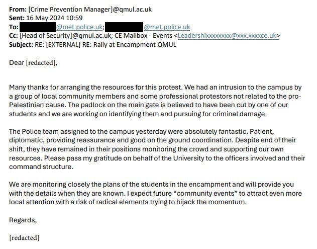 Email from qmul to the met offering to pass on info about students