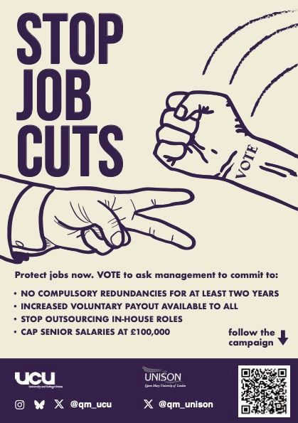 front of the leaflet: stop job cuts
Protect jobs now. VOTE to ask management to commit to:
• NO COMPULSORY REDUNDANCIES FOR AT LEAST TWO YEARS • INCREASED VOLUNTARY PAYOUT AVAILABLE TO ALL
• STOP OUTSOURCING IN-HOUSE ROLES
• CAP SENIOR SALARIES AT £100,000
