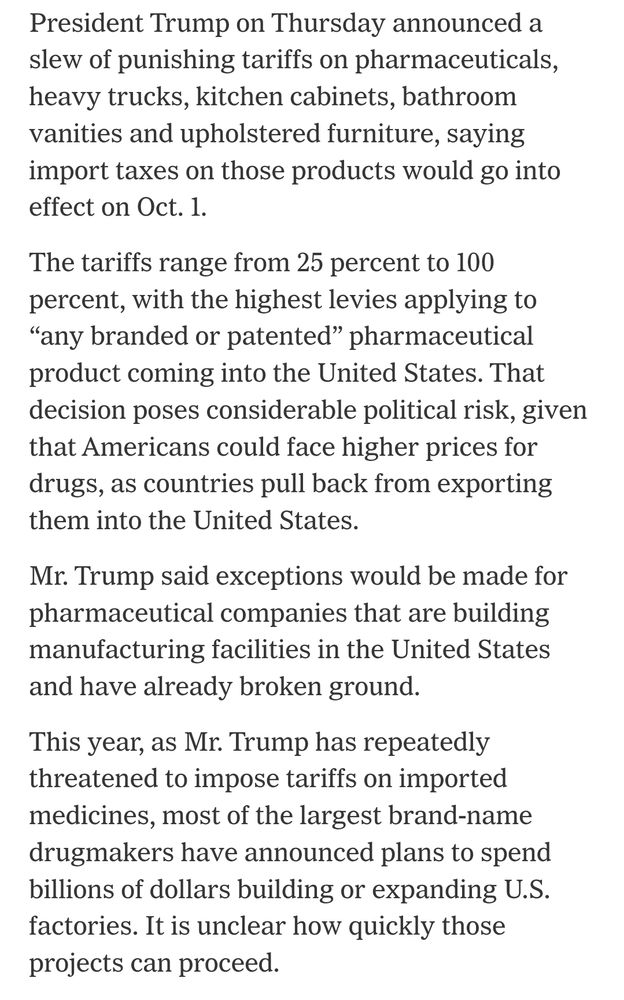 Tariffs ranging from 25-100 percent will go into effect on Oct 1 for pharmaceuticals, heavy trucks, kitchen cabinets, bathroom vanities, and upholstered furniture. 