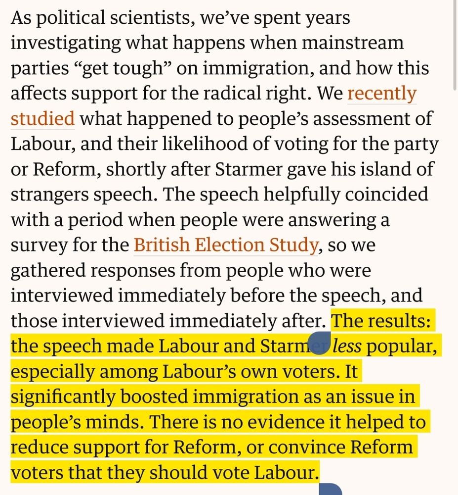 As political scientists, we’ve spent years investigating what happens when mainstream parties “get tough” on immigration, and how this affects support for the radical right. We recently studied what happened to people’s assessment of Labour, and their likelihood of voting for the party or Reform, shortly after Starmer gave his island of strangers speech. The speech helpfully coincided with a period when people were answering a survey for the British Election Study, so we gathered responses from people who were interviewed immediately before the speech, and those interviewed immediately after. The results: the speech made Labour and Starmer less popular, especially among Labour’s own voters. It significantly boosted immigration as an issue in people’s minds. There is no evidence it helped to reduce support for Reform, or convince Reform voters that they should vote Labour.