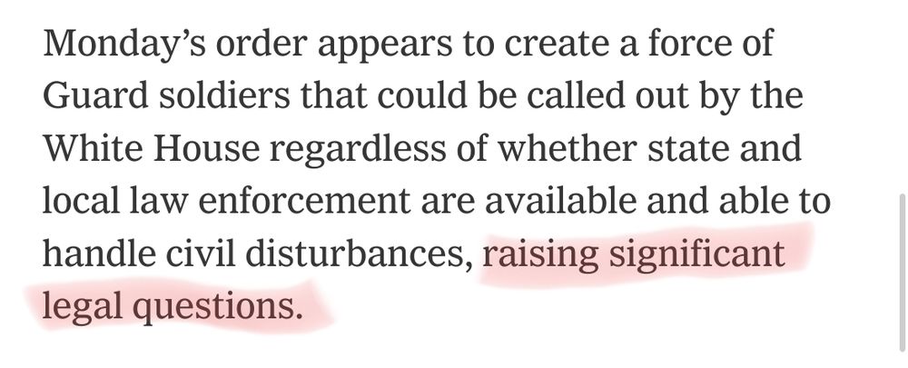 Ten paragraphs into an article about illegally deploying the National Guard to take over cities on domestic soil, the New York Times says the actions are, 