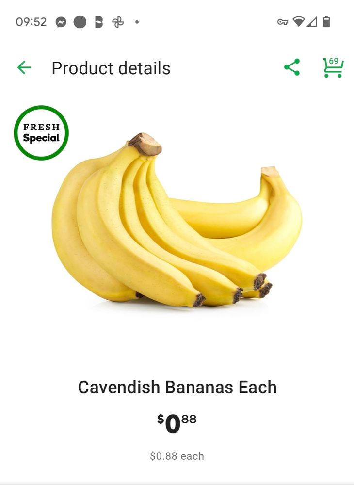 Picture of bananas that cost 0.88 cents each, with a special sticker.