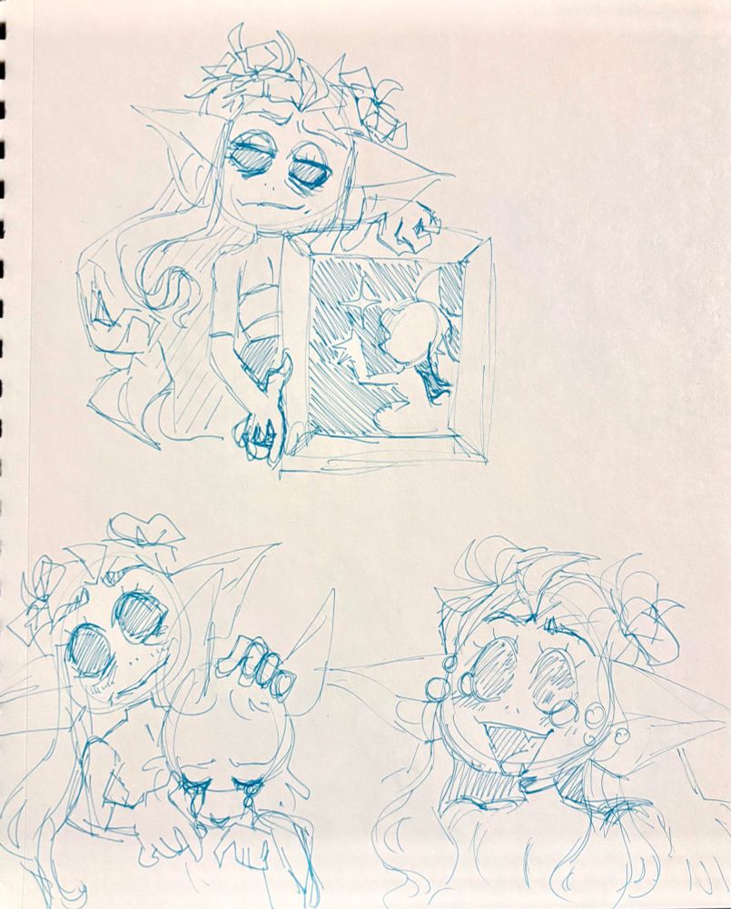 Three blue pen sketches of various characters. The first one is in the top center of the page, a tired Scorpii holding a framed painting of cressidia’s silhouette. The second one is in the bottom left, Scorpii smiling creepily at the camera, holding cressidia’s head as she cries. The third one is in the bottom right, Scorpii smiling  widely while breaking out in tears 