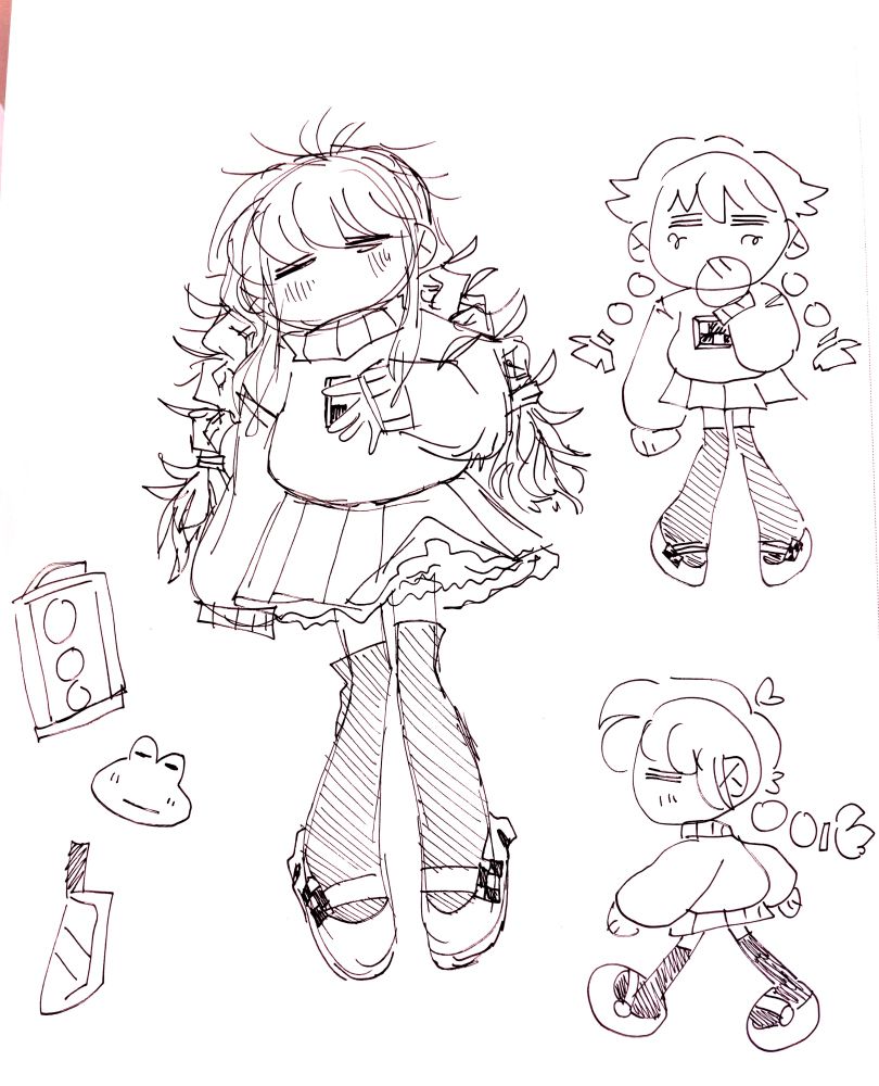 A collage of pen doodles of madotsuki from yume Nikki, including a larger full body one, and two chibi ones on the top and bottom right. A knife, frog head, and stoplight are scattered on the bottom left. 