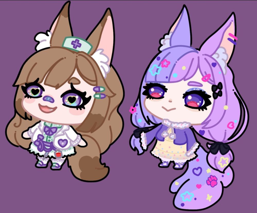Foxlynn's OCs Foxie and Lavendear in a chibi bean style.